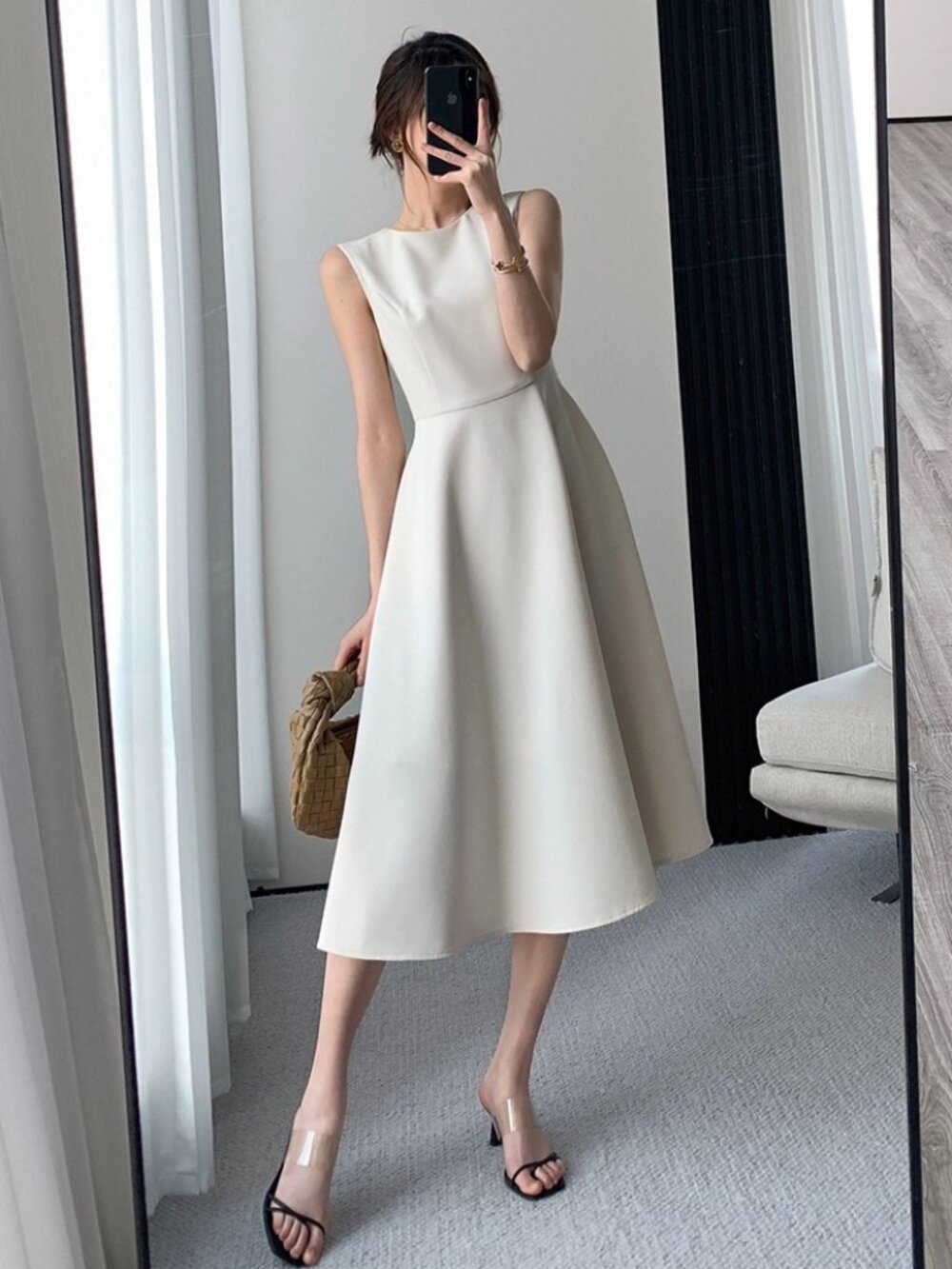 Ivory Sleeveless A-Line Midi Dress Size M